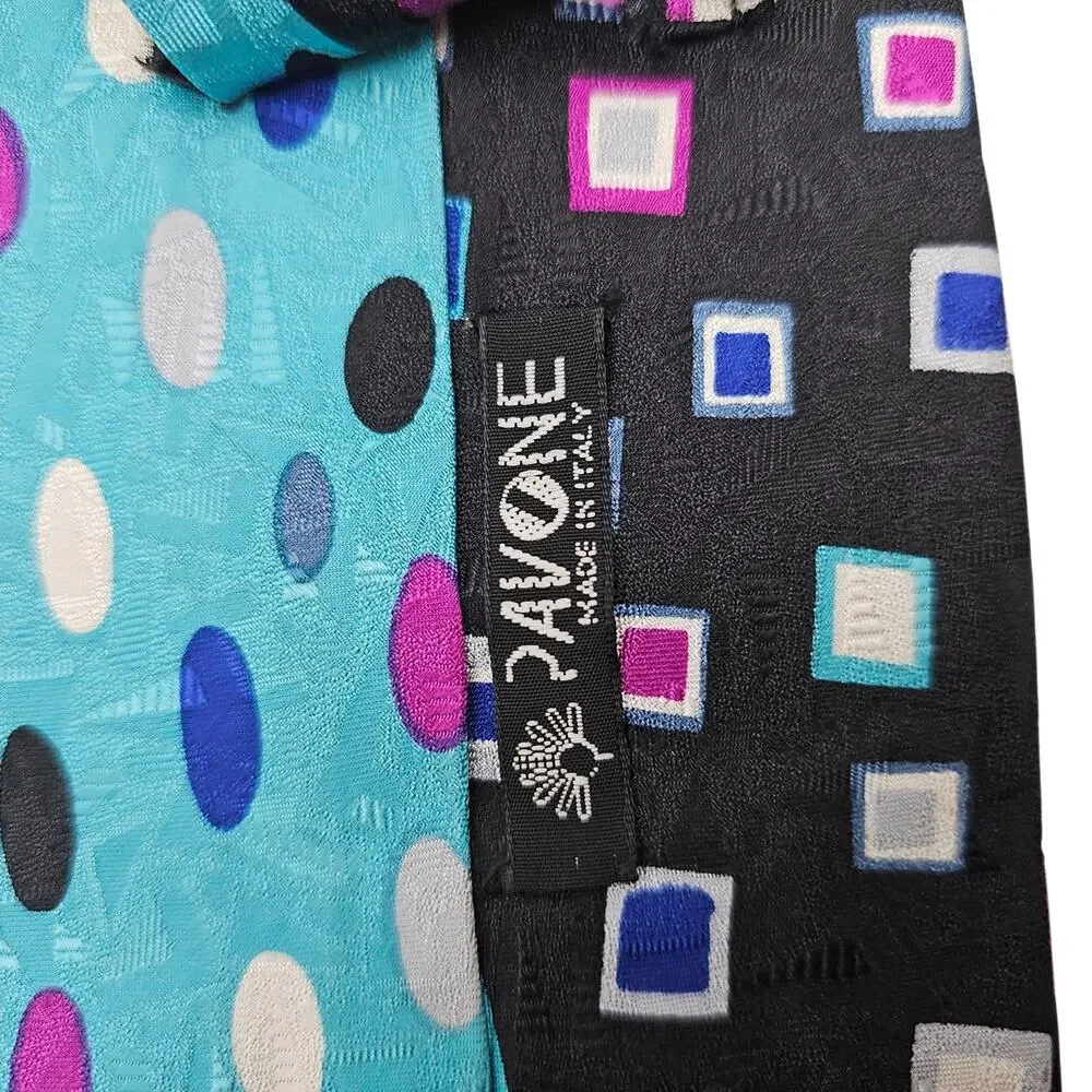 Pavone Silk Tie Abstract Geometric Polka Dot Blue Purple Black Retro 56.25